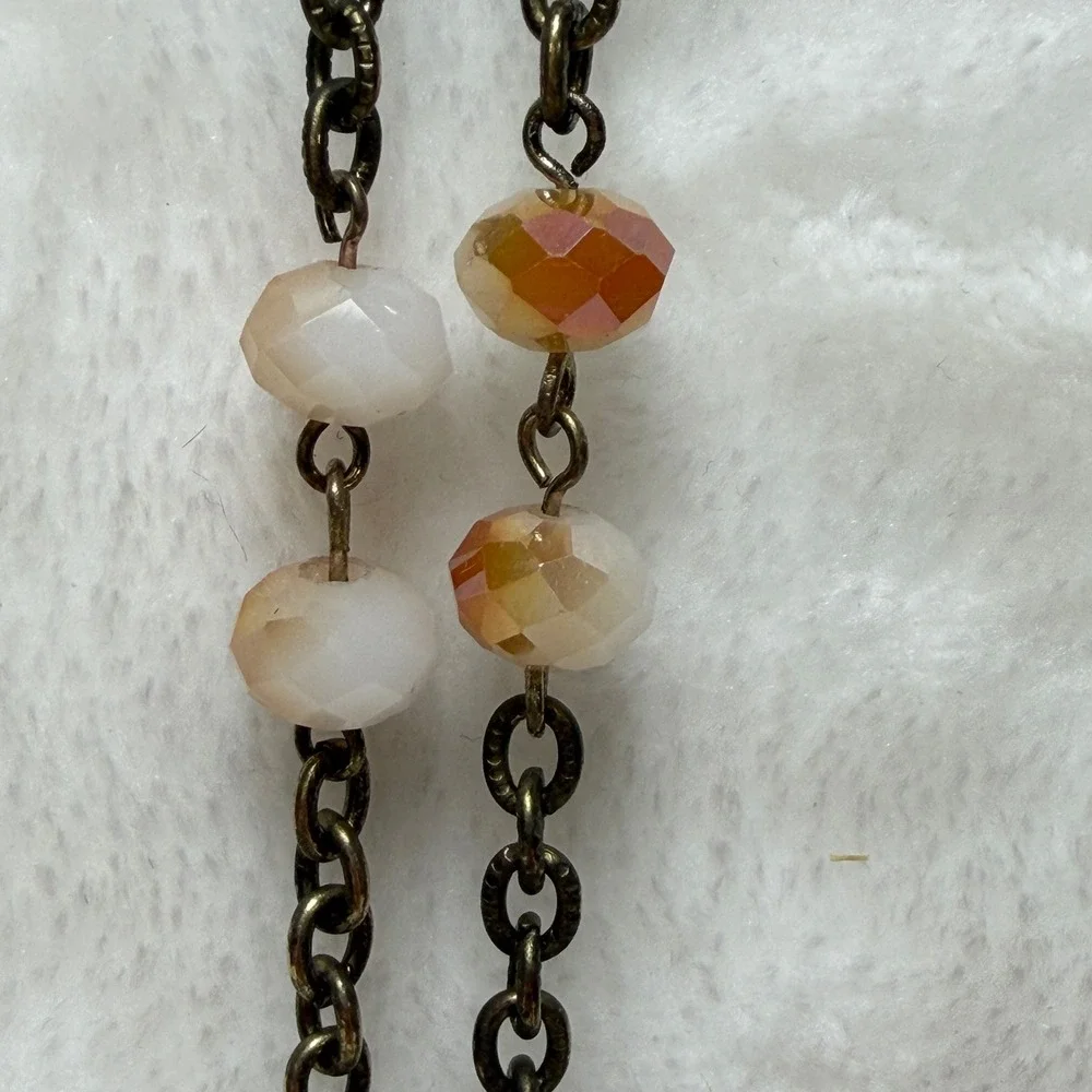Amber Glass‎ Bead Sunburst Pendant Necklace Bronze Tone Long Boho Statement